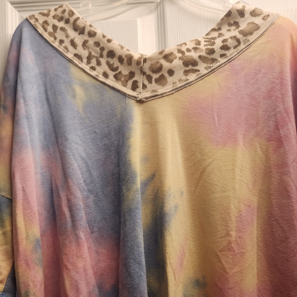Relaxed Blue and Pink Oversized Blouse with Sailor Collar